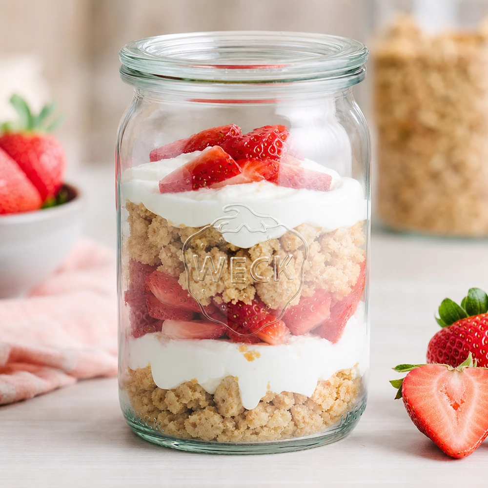 145ml válcová sklenice se skleněným víčkem WECK RR40 WECK 145ml Zylinderglas RR40 als Dessertglas mit Erdbeeren und Sahne Schichtdessert auf weißer Küchenarbeitsplatte