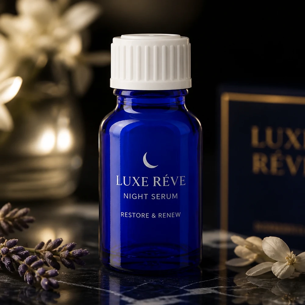 Lékárenská láhev modrá 10ml šroubovací uzávěr bílý standardní Elegante blaue 10ml Glasflasche mit weißem Kindersicherheitsverschluss für Luxus Nachtserum