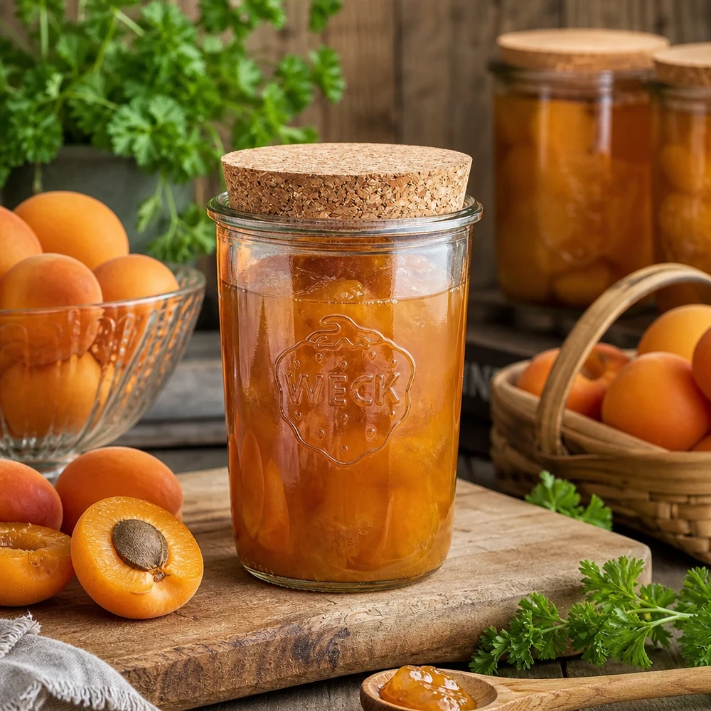 850ml zavařovací sklenice WECK RR100 s korkem natural WECK RR100 850ml Sturzglas mit Korken gefüllt mit Aprikosenmarmelade neben frischen Aprikosen auf Holztisch