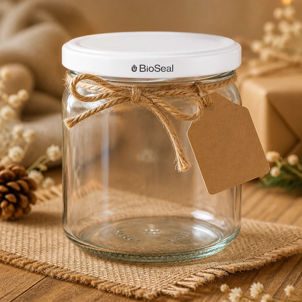 Kulatá sklenice o objemu 408 ml s bílým víčkem BioSeal UNiTWIST UNiTWIST Runda408 dekorativ mit Juteschleife und Geschenkanhänger - stilvoll verpacktes Einmachglas als Geschenkidee