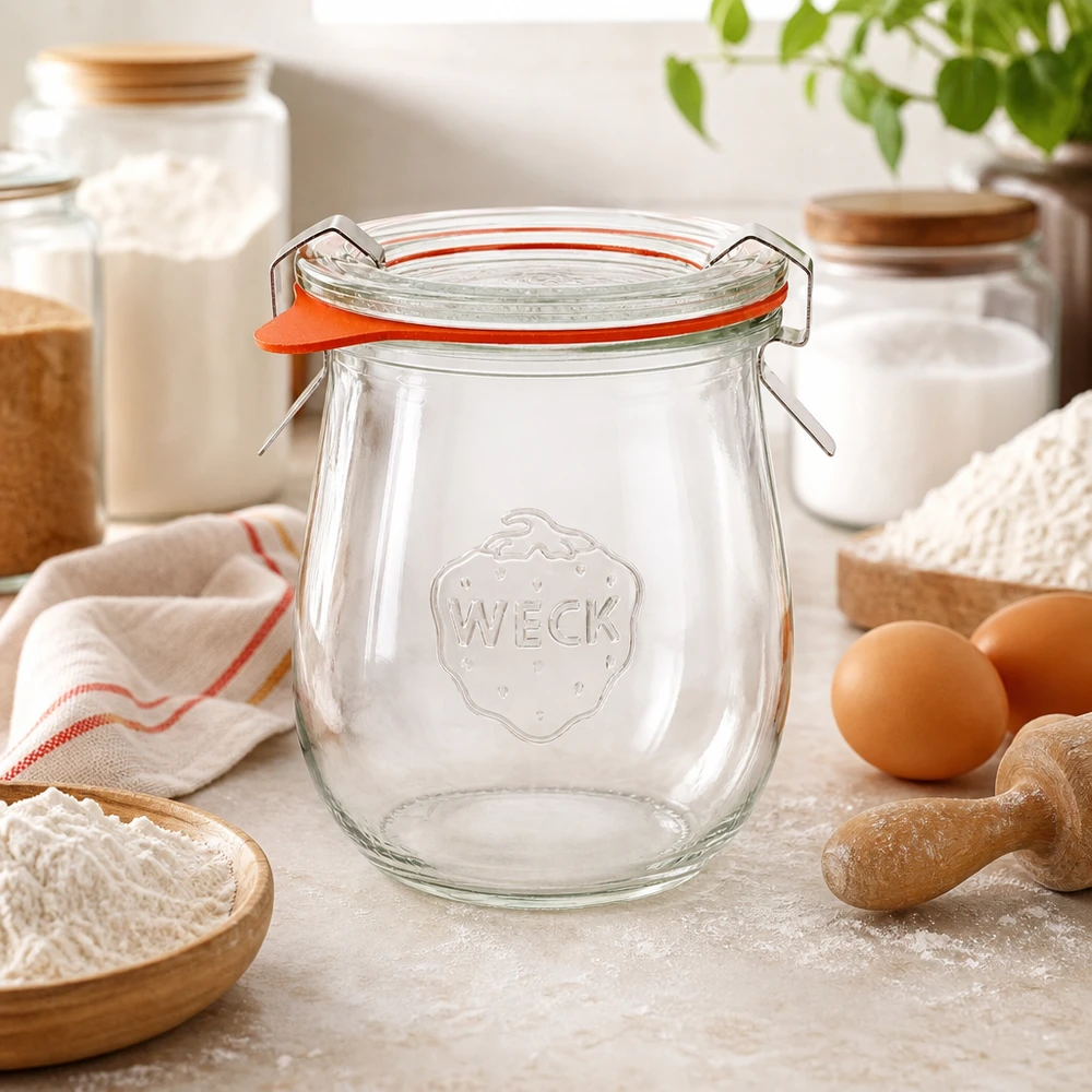 220ml tulipánová sklenice s kompletní svěžestí WECK RR60 WECK Tulpenglas 220ml RR60 in Backstube mit Mehl Eiern und Küchenutensilien Einmachglas für Backzutaten