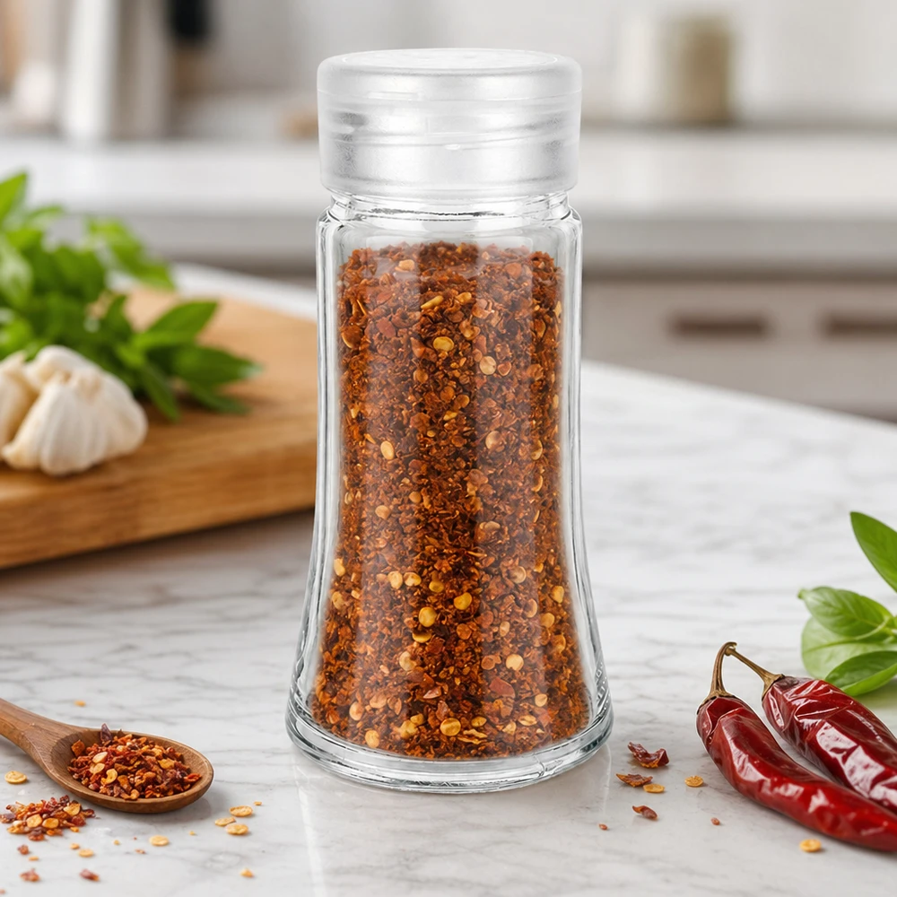 Dóza na sůl/koření 95ml s šejkrem bílá Zylindrisches Gewürzglas 95ml aus klarem Glas mit weißem Streuerdeckel in Küchenumgebung