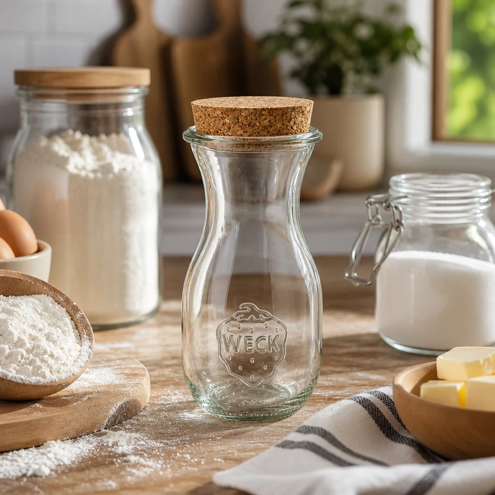 290ml láhev na džus WECK RR60 s korkem přírodní WECK Saftflasche 290ml RR60 leer in Küche umgeben von Backzutaten Mehl Milch Butter auf Holzbrett Landhaus-Stil