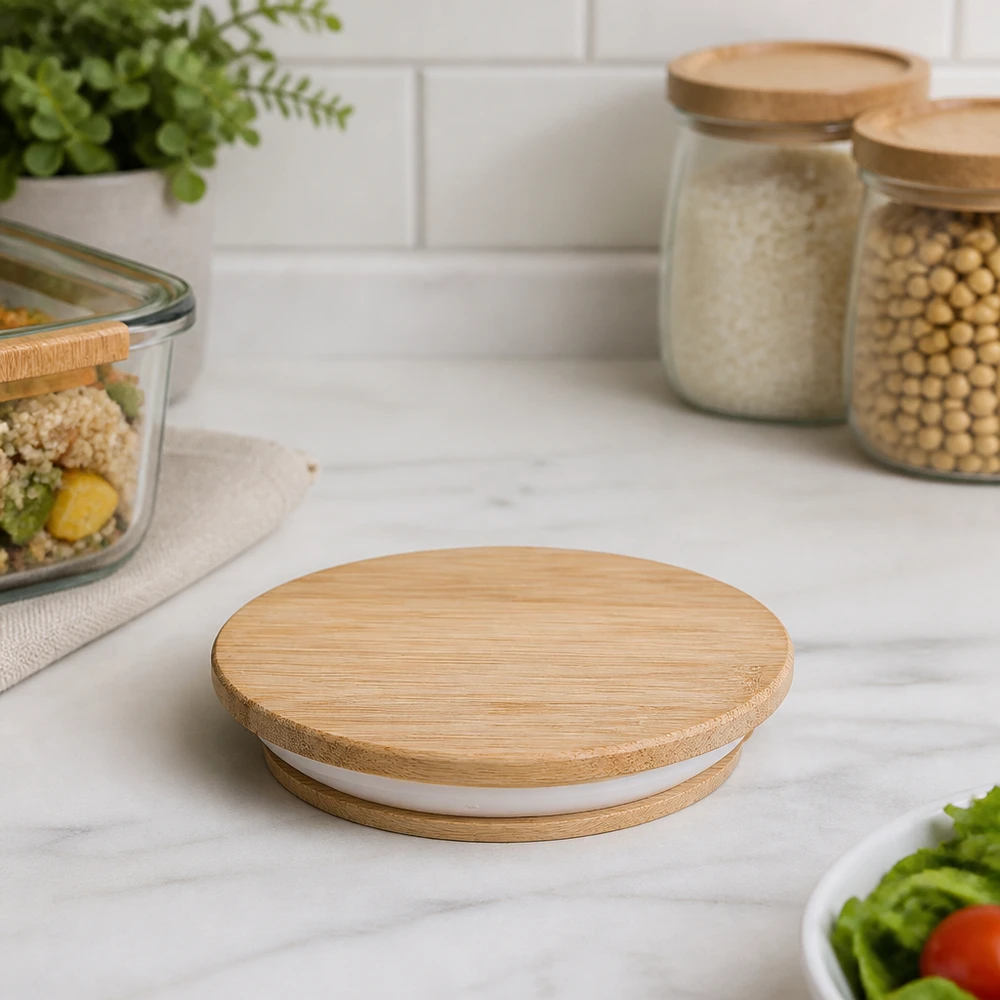 Dřevěné víko (buk) bez potisku pro WECK RR80 WECK Holzdeckel RR80 auf Marmorarbeitsplatte mit Vorratsgläsern und Meal-Prep-Behältern in moderner Küche