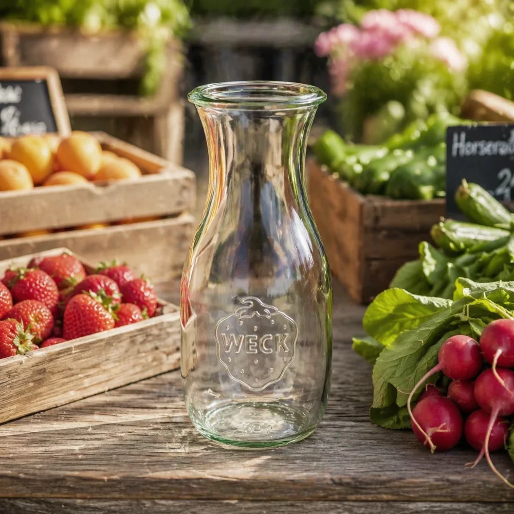 530ml láhev na džus WECK RR60 s dřevěným dřevem WECK Saftflasche 530ml RR60 auf Holztisch mit frischen Erdbeeren Radieschen und Gemüse in rustikaler Küche