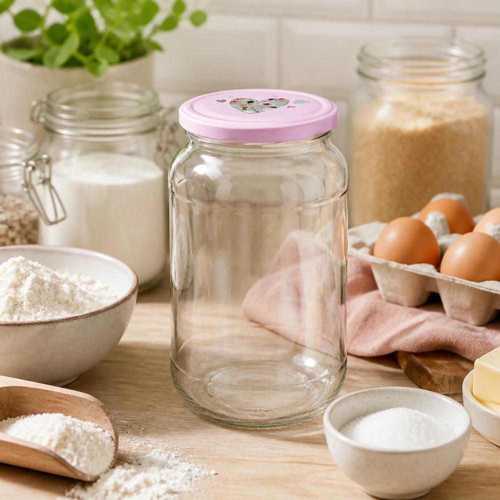 1062ml Rundglas BasicSeal rosa Herzdeckel zwischen Backzutaten Eiern Mehl als vielseitiges Küchenvorratsglas