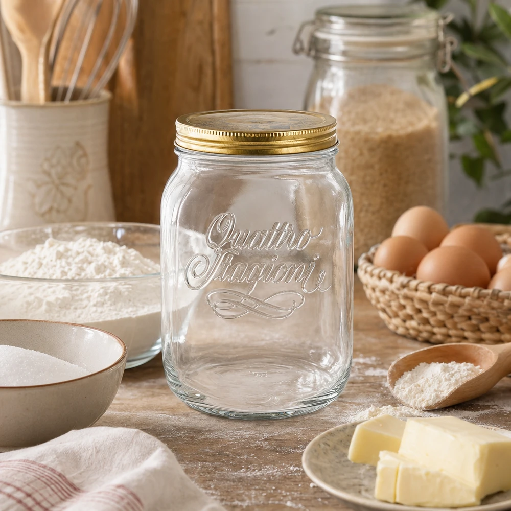 2000ml kulatá sklenice "Quattro Stagioni" s víčkem Quattro Stagioni 2000ml Einmachglas in rustikaler Küche mit Backzutaten - italienisches Vorratsglas für Mehl