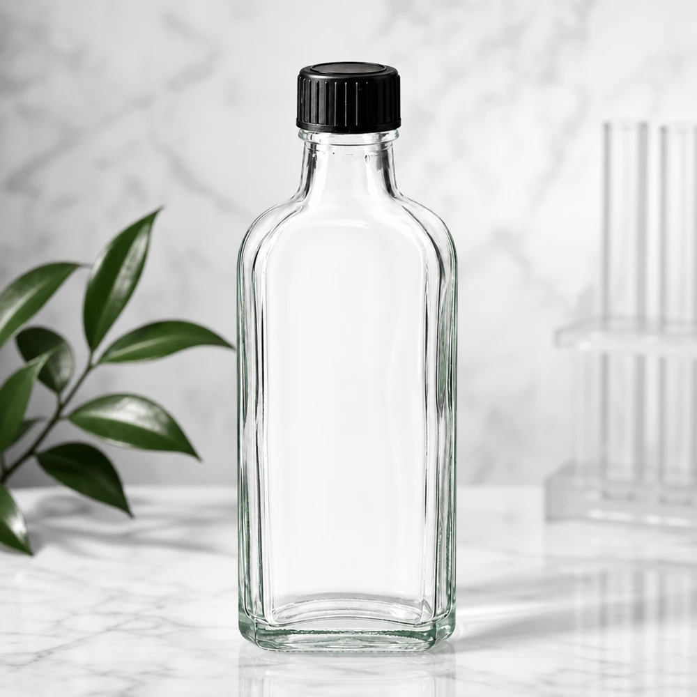Kleine Glasflasche flache Form 100ml transparent mit schwarzem Schraubdeckel Produktfoto
