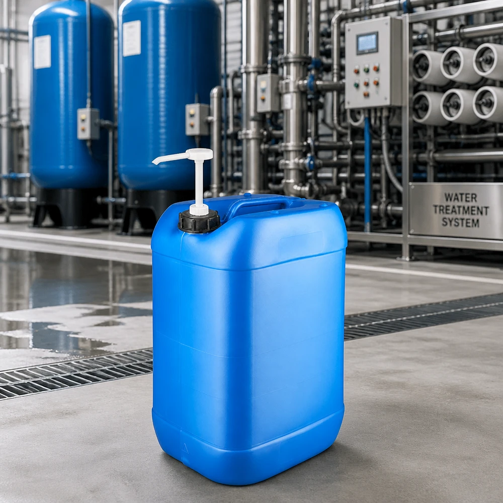Kanystr 25 litrů modrý s dávkovacím čerpadlem Kompakter blauer Kunststoffkanister 25 Liter mit Pumpspender vor industriellen Drucktanks