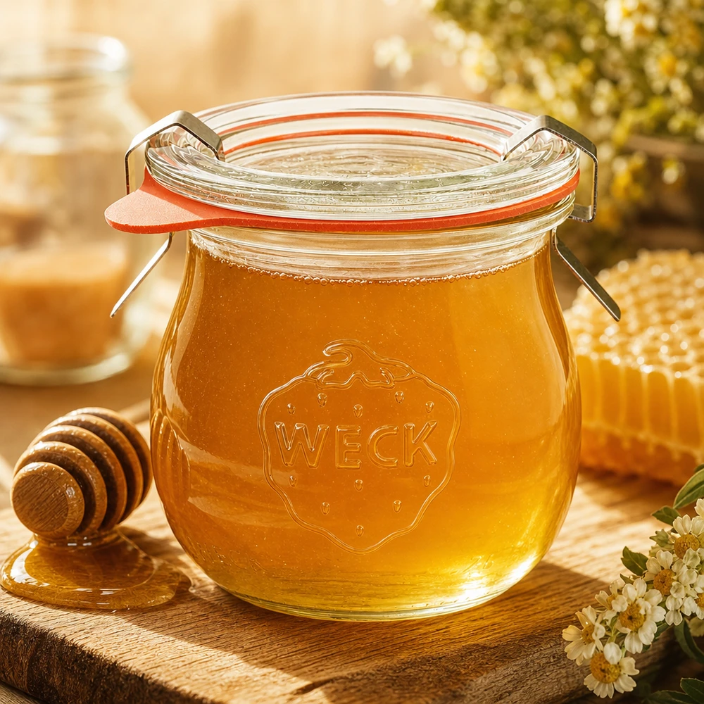 75ml tulipánová dóza kompletní WECK RR40 WECK Tulpenglas 75ml mit Honig befüllt und Wabenhonig auf Holzbrett mit Blüten in warmer Küchen-Atmosphäre