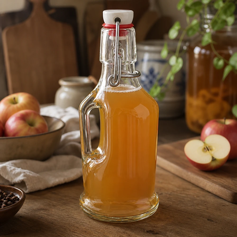 200ml Glasflasche "Bertha" + PVC Bügelverschluss UNiTWIST Glasflasche Bertha 200ml mit Apfelsaft gefüllt, Bügelverschluss UNiTWIST, rustikale Küchenszene mit frischen Äpfeln