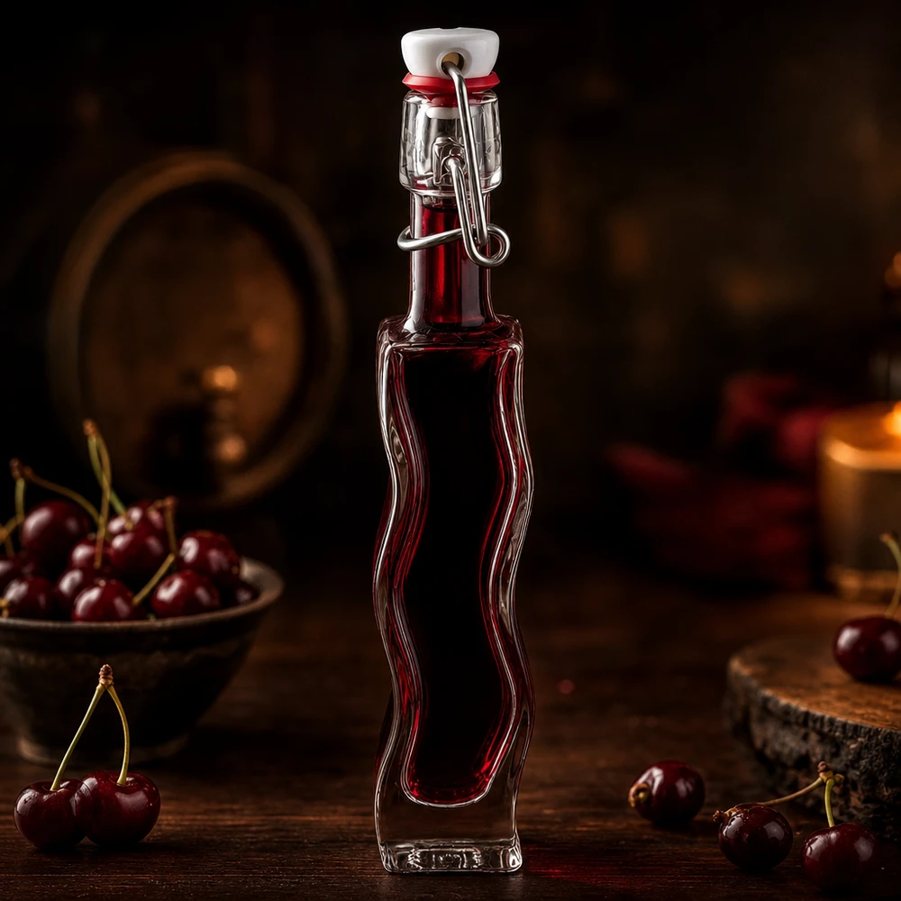 40ml Glasflasche Anna mit dunkelroter Kirschflüssigkeit in rustikalem Weinkeller-Ambiente mit frischen Kirschen
