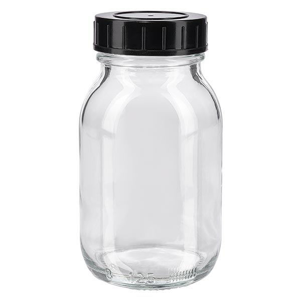 Láhev se širokým hrdlem 125 ml z čirého skla se šroubovacím uzávěrem Láhev se širokým hrdlem 125 ml z čirého skla se šroubovacím uzávěrem
