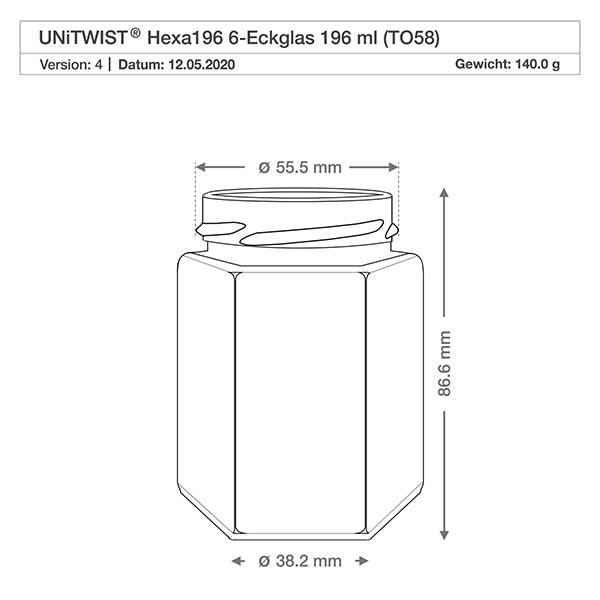 Šestihranná sklenice o objemu 196 ml bez víčka (TO58) UNiTWIST UNiTWIST Hexa196 sechseckiges Einmachglas 196ml TO58 Gewinde technische Zeichnung mit Maßen 55,5mm Durchmesser
