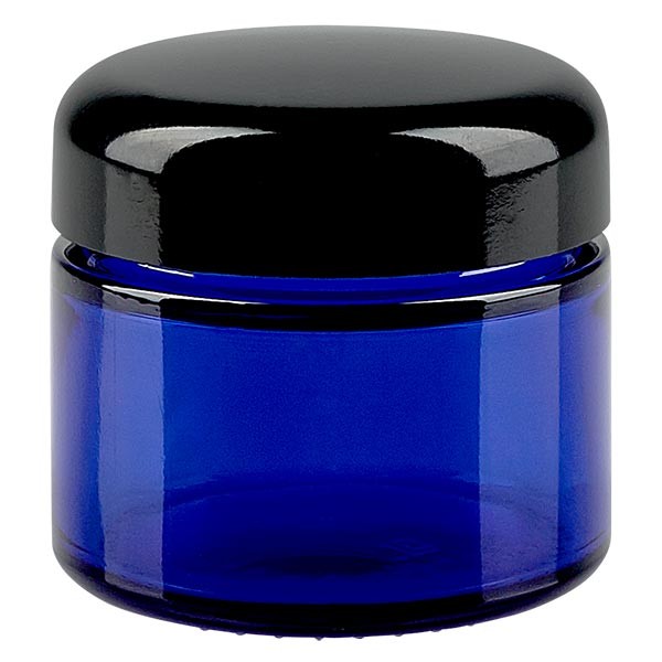 Skleněná dóza 50 ml. královská modř, s černým bakelitovým víčkem ApoGlas. Skleněná dóza 50 ml. královská modř, s černým bakelitovým víčkem ApoGlas.