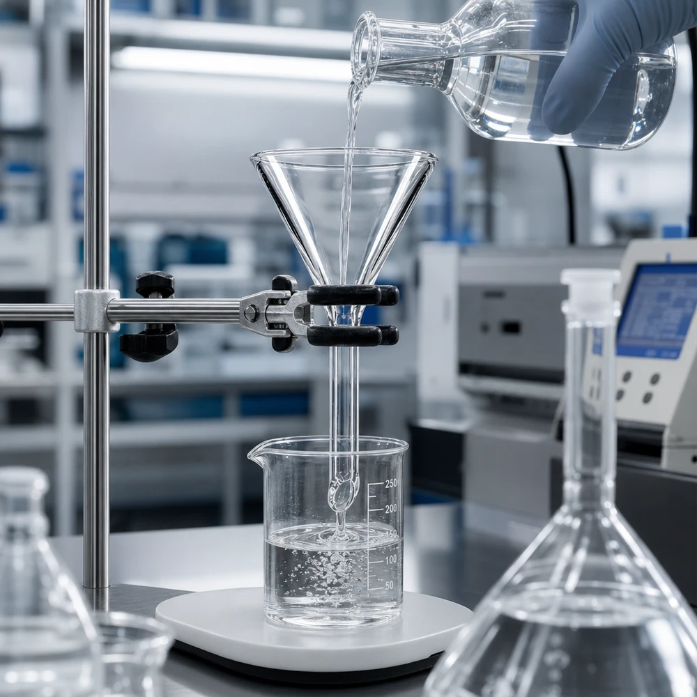 Trychtýř ø30mm sodnovápenatý, úhel 60°, krátký styl Durchsichtiger Kurzstiel-Trichter 30mm aus Borosilikatglas-Alternative für analytische Verfahren