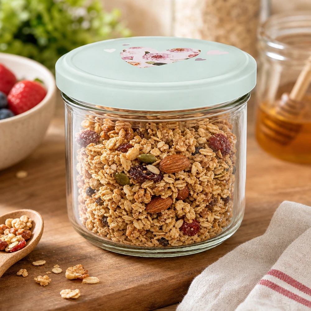 260ml Sturzglas mit BasicSeal Deckel gefüllt mit Müsli und Nüssen, Glasdose für Frühstückscerealien
