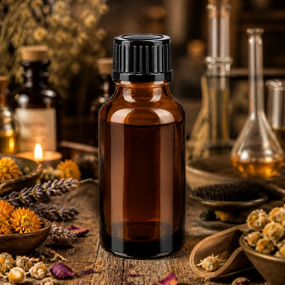 Lékárenská lahvička hnědá 20ml kapátko uzávěr 1mm černý standardní Hochwertige 20ml STD Tropfflasche ApoGlas braun neben Ringelblumen und Kamillenblüten