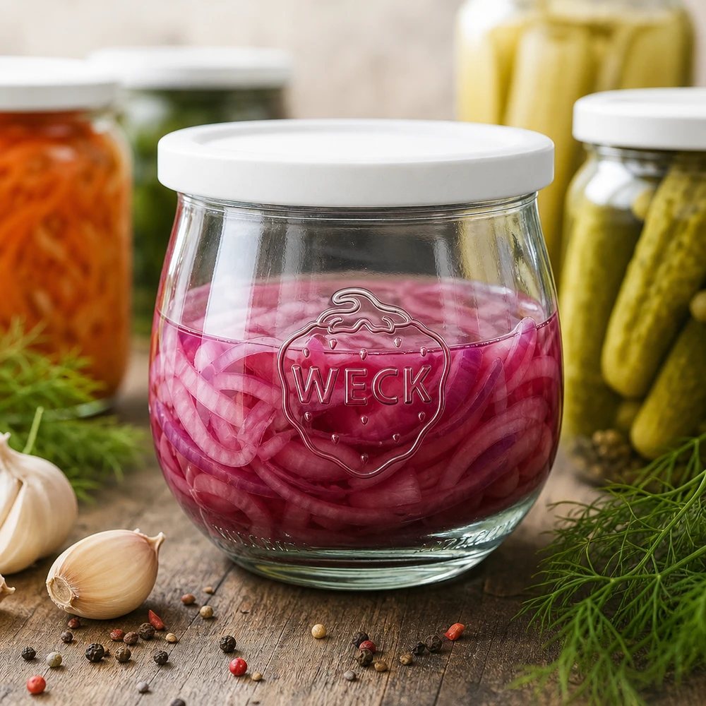 WECK Tulpenglas 370ml RR80 mit eingelegtem roten Kraut neben Knoblauch, Pfefferkörnern und weiteren Einmachgläsern