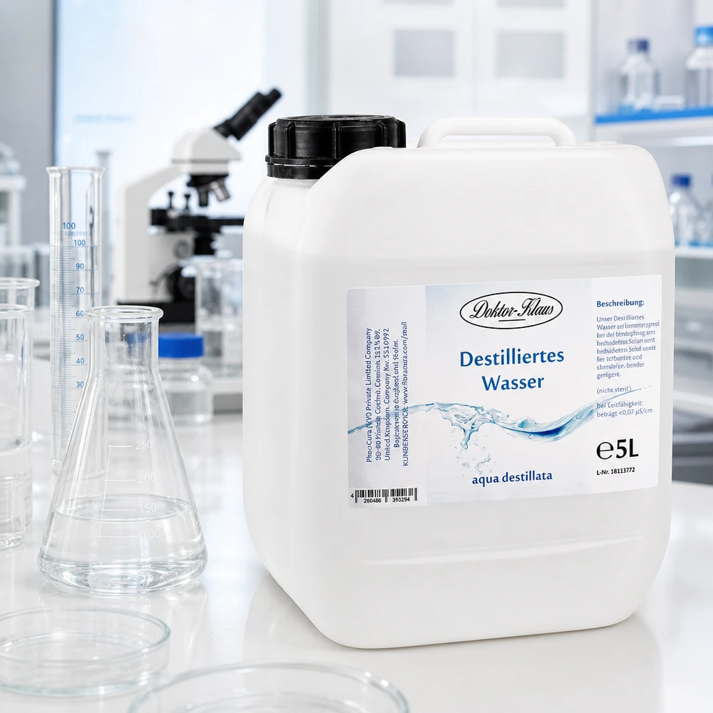 Destilovaná voda 5L Doktor-Klaus Doktor-Klaus aqua destillata 5 Liter in auslaufsicherem Kanister für Apotheken Praxen und Pflegeeinrichtungen