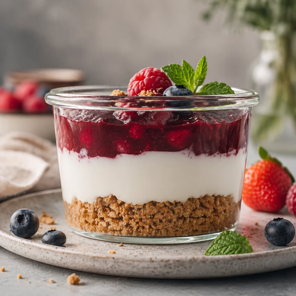 35ml kelímky WECK RR40 WECK Sturzglas 35ml mit Schichtdessert aus Keksboden weißer Creme und Beerenkompott garniert mit Minze