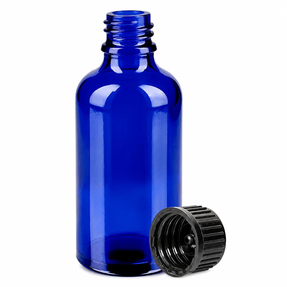 Hochwertige 50ml Glasflasche in Blau mit Standardgewinde für Labor und Apotheke