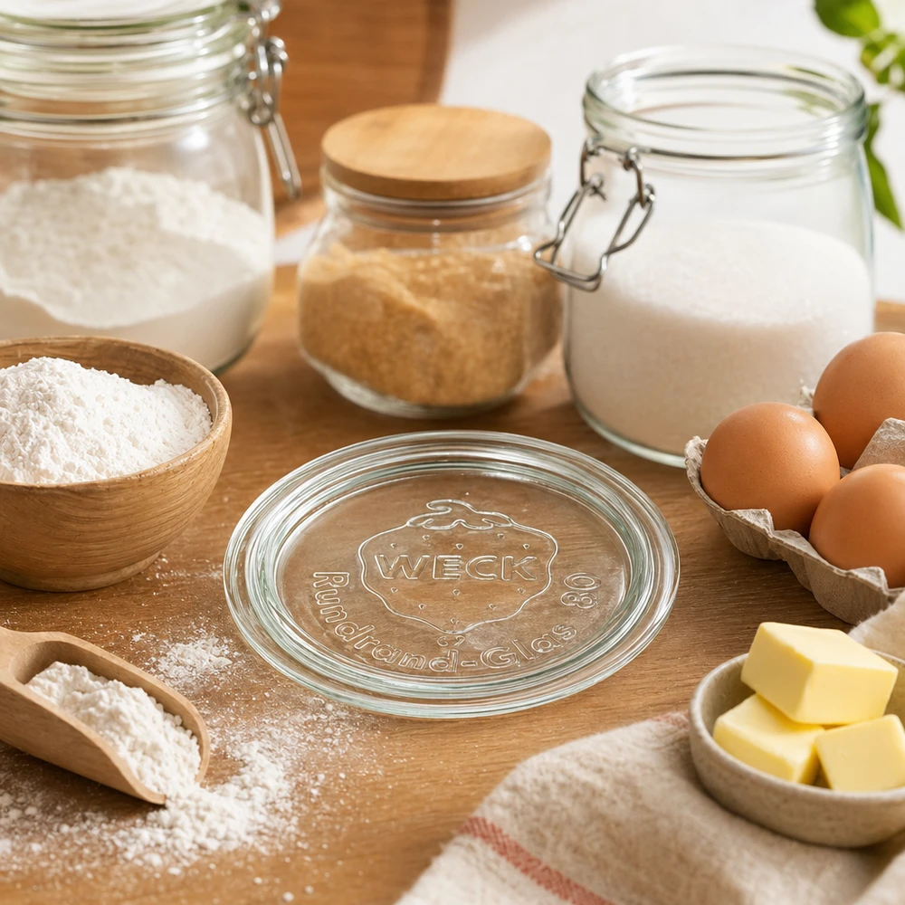 Víko na zavařování WECK RR80 WECK Glasdeckel RR80 inmitten von Backzutaten wie Mehl Eiern Butter und Milch in rustikaler Küche auf Holztisch