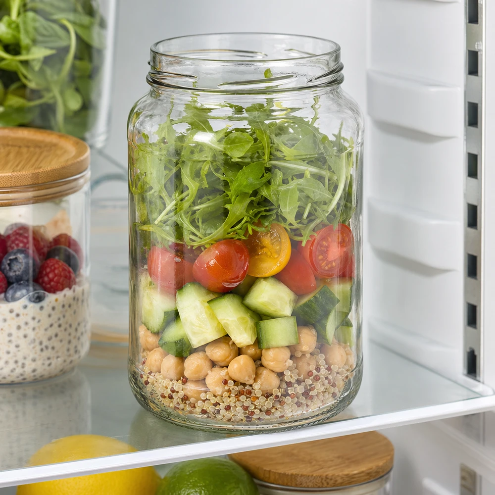 Kulatá nádoba o objemu 1700 ml bez víčka (TO100) UNiTWIST UNiTWIST Runda1700 Sturzglas 1700ml TO100 mit Schichtsalat Quinoa Kichererbsen Gurken Tomaten Rucola im Kühlschrank