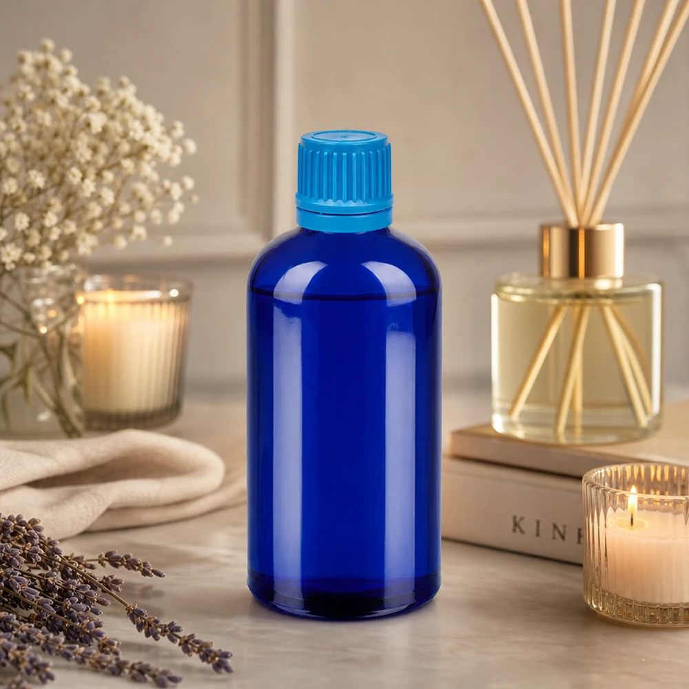 Vielseitige blaue 100ml Glasflasche mit Schraubdeckel optimal für DIY-Kosmetik und Naturprodukte