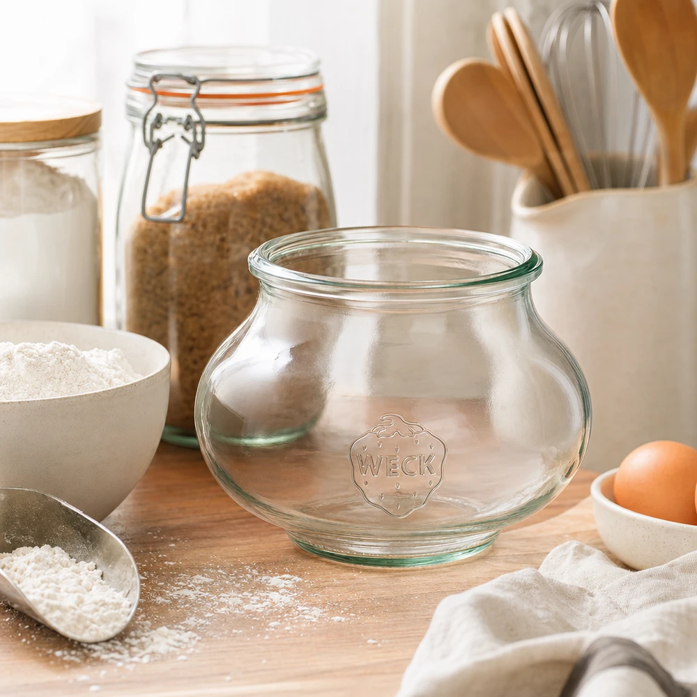 560ml dóza na šperky WECK RR80 s dřevěným dřevem WECK Schmuckglas 560ml RR80 leeres Glas in Küchenszenerie mit Backzutaten Mehl Eiern und Holzutensilien