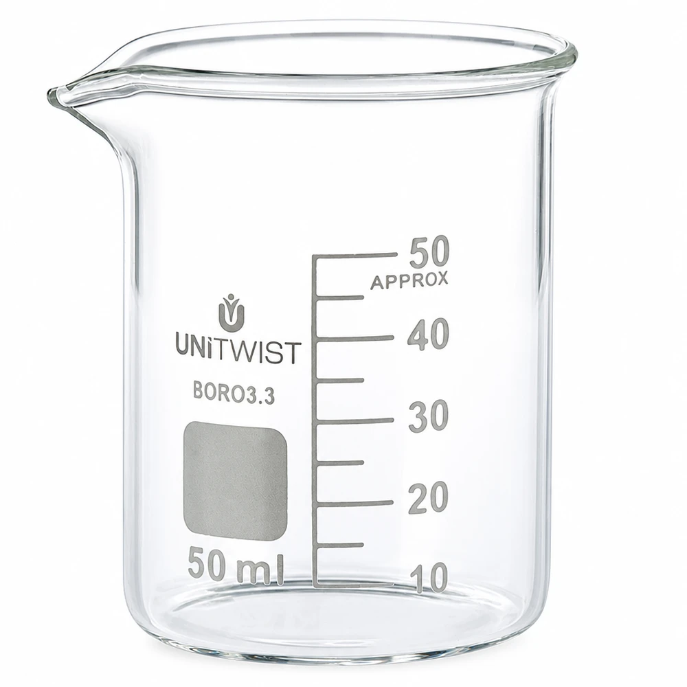 Kádinka 50ml borosilikátová, nízká forma UNiTWIST UNiTWIST 50ml Becherglas Borosilikat 3.3 niedrige zylindrische Form mit Messskala