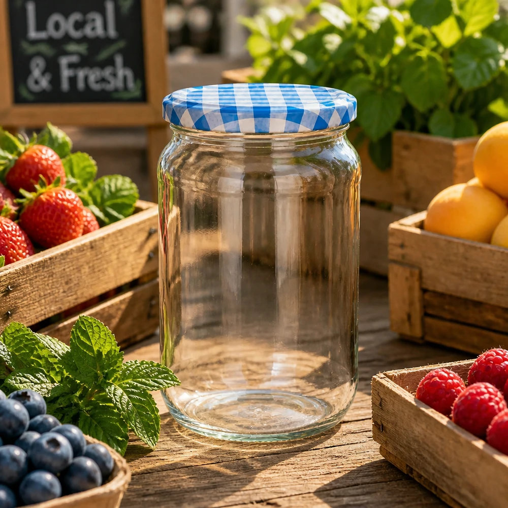 1062ml Rundglas BasicSeal Deckel blau-weiß auf Holztisch mit frischem Obst, ideal für Marmelade und Einmachen