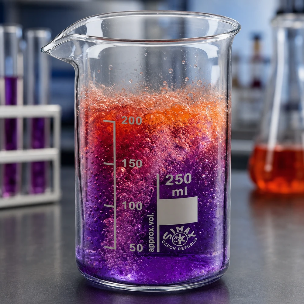 Kádinka 250ml z borosilikátového skla, vysoký tvar Becherglas 250ml Borosilikatglas hohe Form mit schäumender Flüssigkeit in Violett und Rot