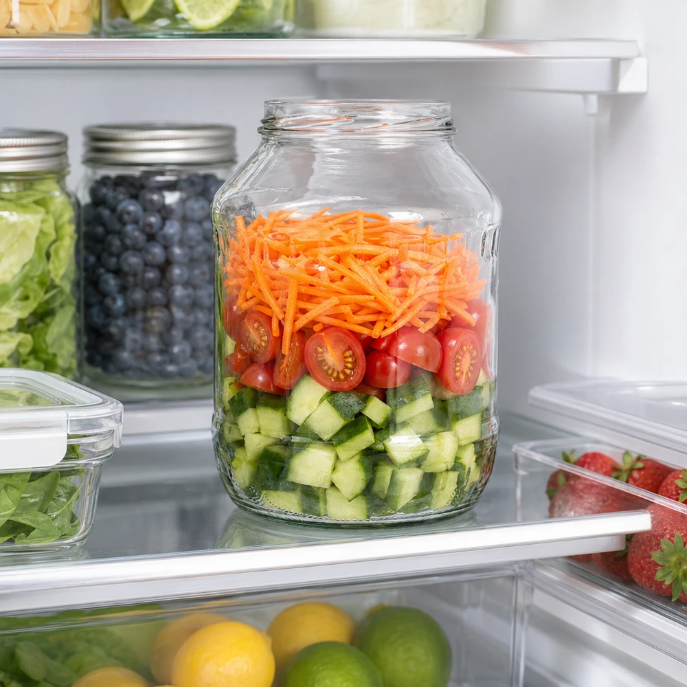Kulatá nádoba o objemu 2650 ml bez víčka (TO100) UNiTWIST UNiTWIST Runda2650 Sturzglas 2650ml im Kühlschrank mit geschichtetem Salat aus Gurken Tomaten Karotten Meal Prep