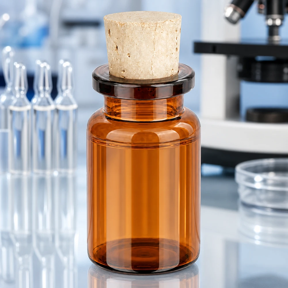 Jantarová skleněná lahvička 5 ml se zátkou 11/14 mm Robuste Braunglas Probenflasche 5ml mit Korkverschluss für pharmazeutische Anwendungen