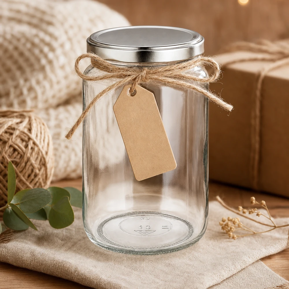 795ml kulatá zavařovací sklenice s víčkem BasicSeal stříbrná UNiTWIST. 795ml Rundglas mit BasicSeal Deckel dekorativ mit Juteschnur und Geschenkanhänger als Geschenkverpackung