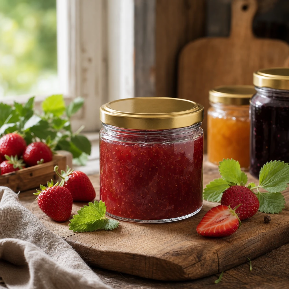 540ml kulatá sklenice s víčkem BasicSeal zlatá UNiTWIST 540ml Rundglas mit BasicSeal Deckel gold gefüllt mit Erdbeermarmelade auf Holzbrett mit frischen Erdbeeren