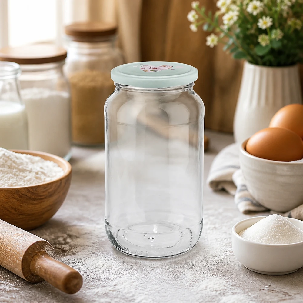 Leeres 1062ml Rundglas mit mintgrünem Herz-Deckel auf Küchenarbeitsplatte zwischen Backzutaten und Küchenutensilien