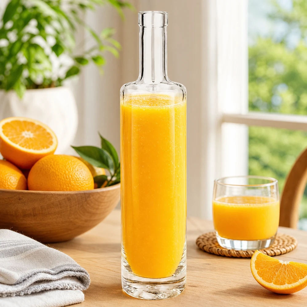500ml Glasflasche Lina mit frischem Orangensaft gefüllt zwischen Orangen und Glas in sonniger Küchenatmosphäre Bild 7