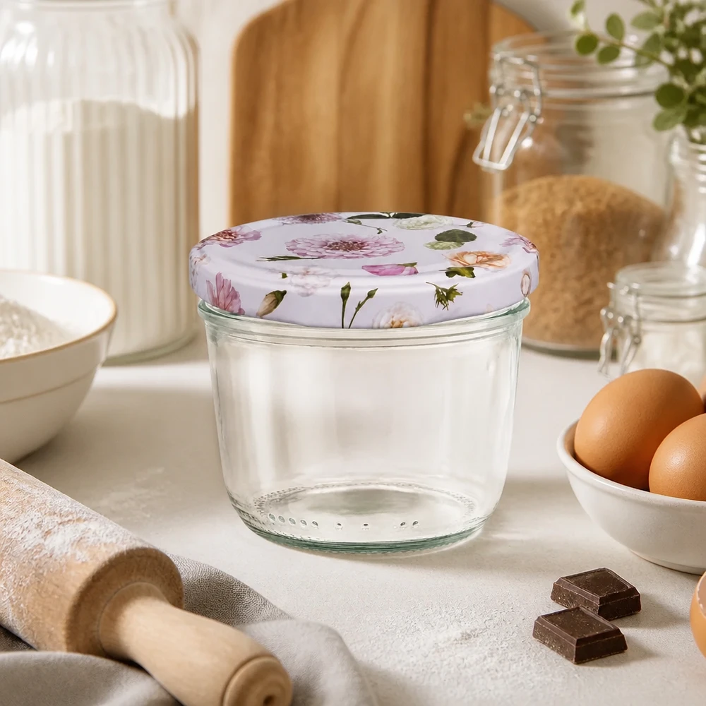 Leeres 230ml Sturzglas mit BasicSeal Deckel rosa Blumenmuster in Küchenszenerie mit Backzutaten und Küchenhelfer