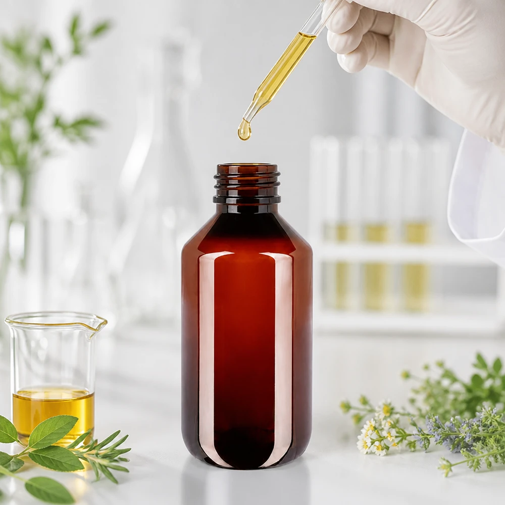 Jantarově zbarvená plastová lahvička o objemu 100 ml s dětskou pojistkou pro éterické oleje
