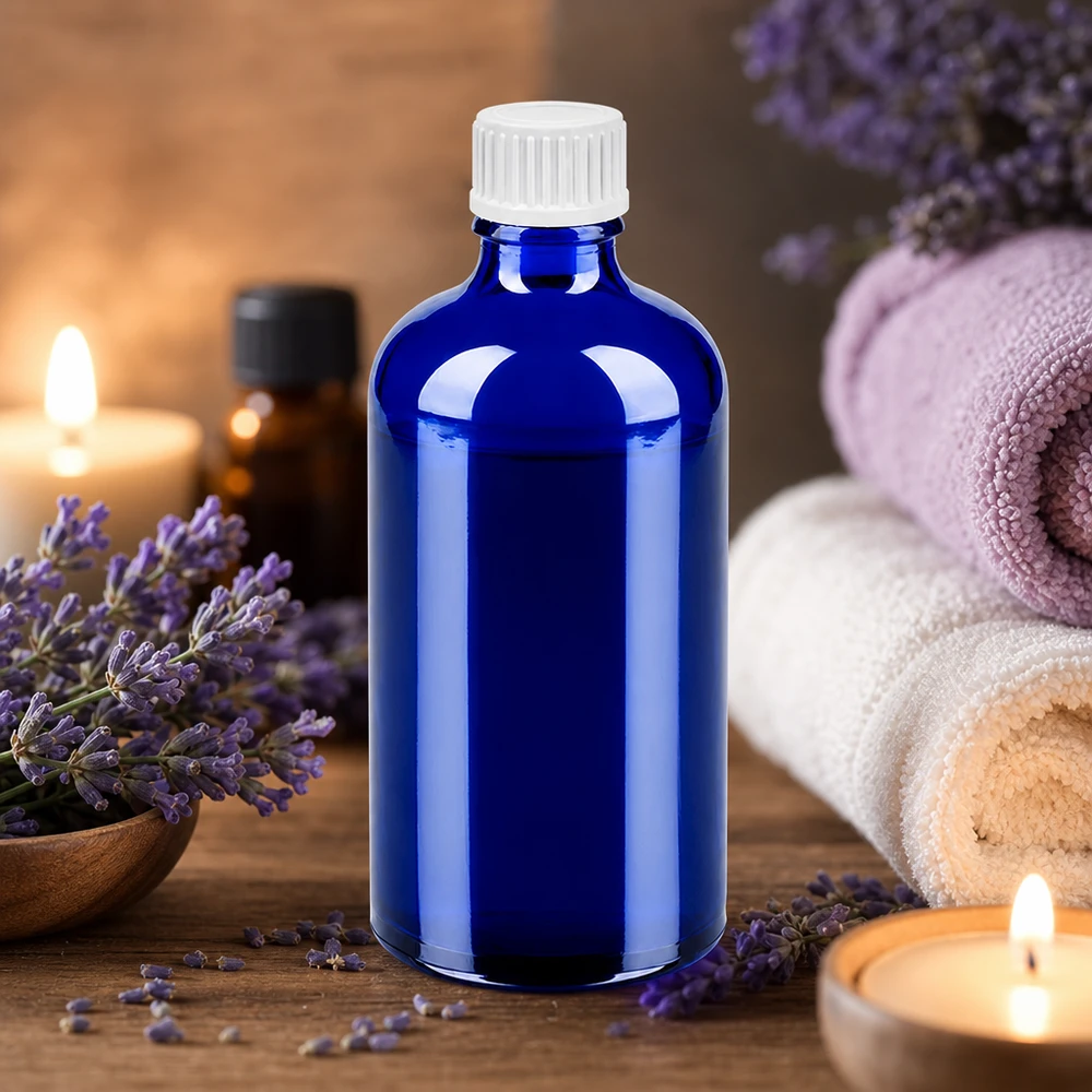 STD BlueLine Glasflasche 100ml blau mit 0,9mm Tropfer weiß für pharmazeutische Anwendung