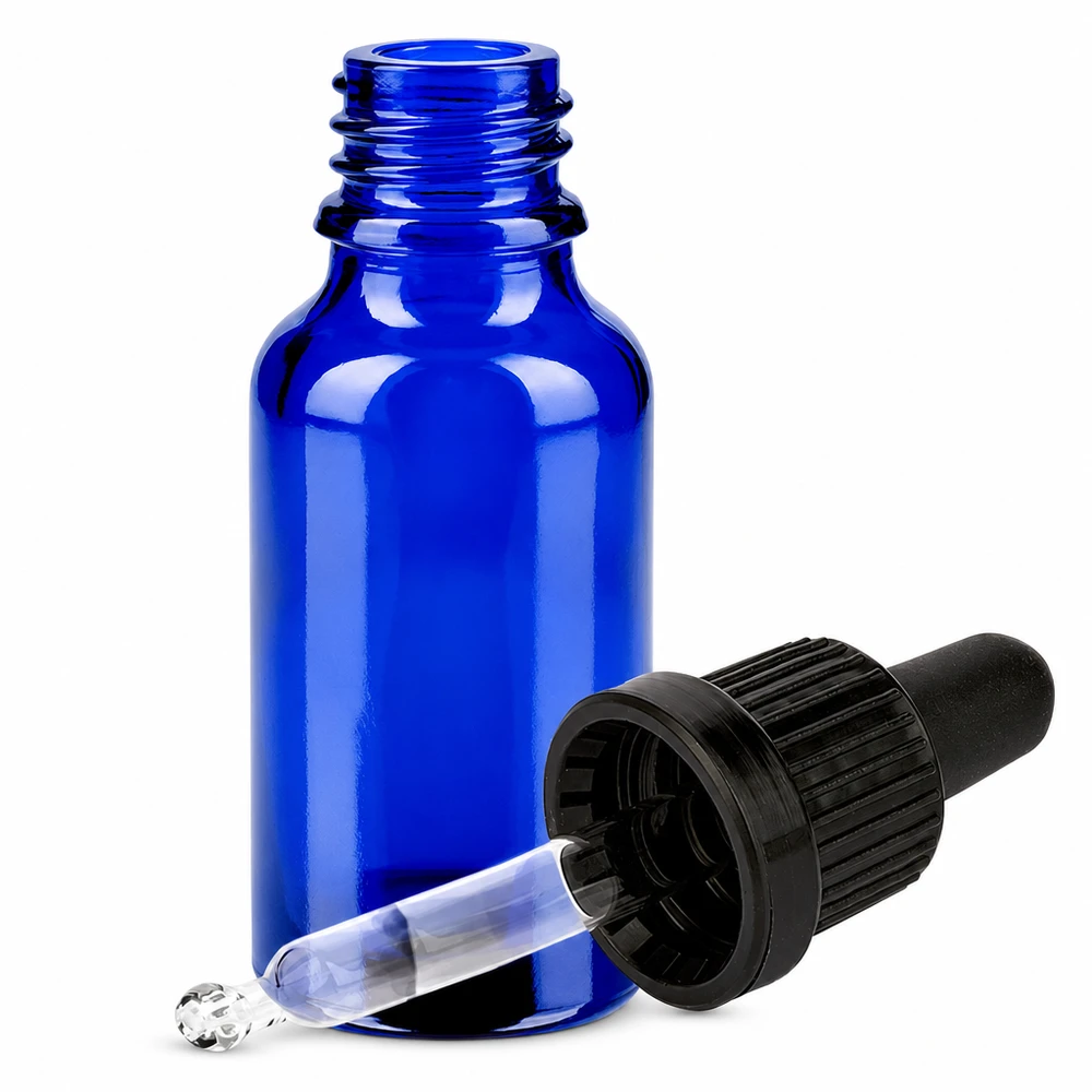 Praktische 20ml Pipettenflasche BlueLine mit UV-Schutz und tropfgenauer schwarzer Dosierkappe