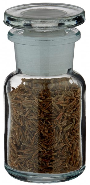 N&#225;pad na sklenici na ko&#345;en&#237;: apatyk&#225;&#345;sk&#225; l&#225;hev 50 ml z &#269;ir&#233;ho skla se &#353;irok&#253;m hrdlem.