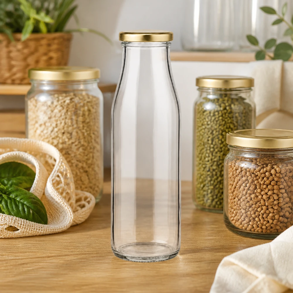 500ml skleněná láhev + víčko BasicSeal zlaté UNiTWIST 500ml Glasflasche BasicSeal gold in moderner Küche zwischen Vorratsgläsern mit Hülsenfrüchten Zero Waste Lifestyle