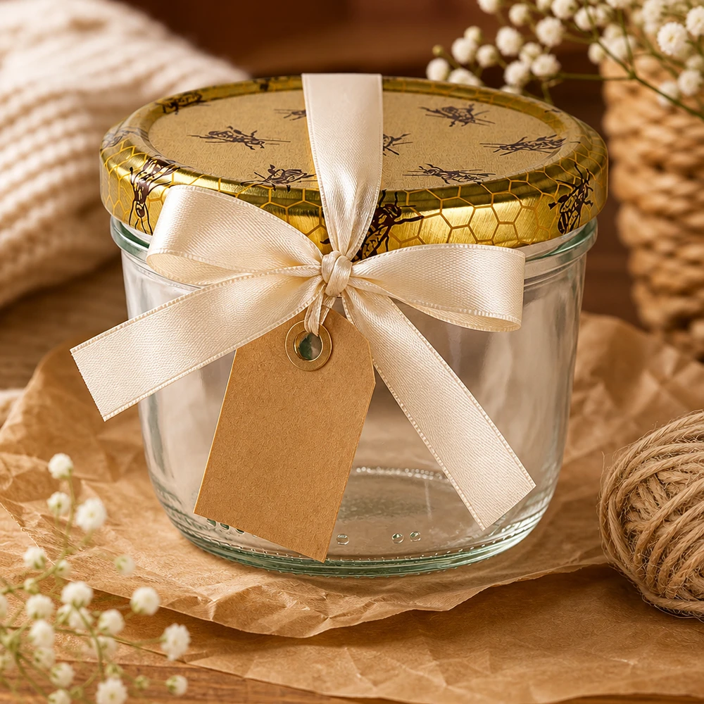 Skleněná nádoba 230ml + víčko BasicSeal voština UNiTWIST. Leeres 230ml Sturzglas mit Bienenwaben-Deckel als Geschenk dekoriert mit cremefarbener Schleife und Anhänger