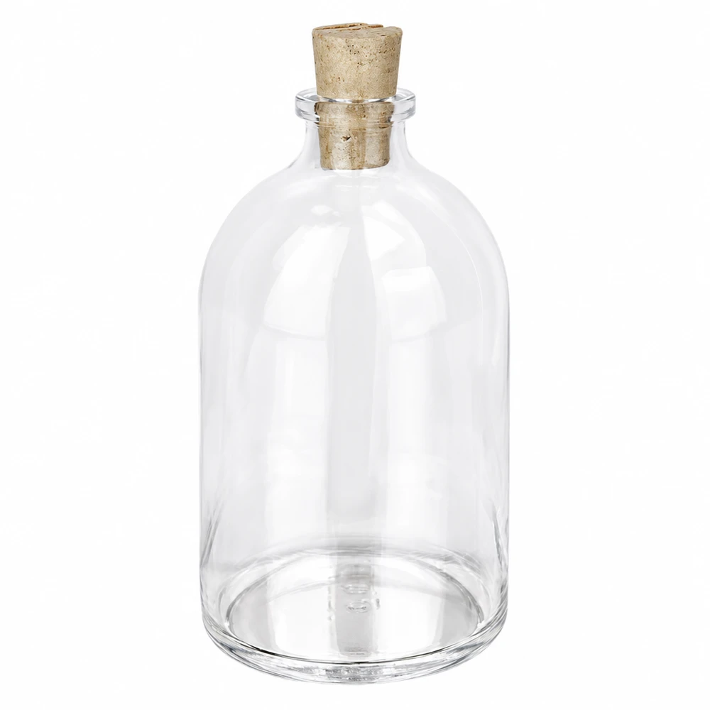 Lahvička z čirého skla 100ml se zátkou 11/14mm Glasflasche 100ml Klarglas mit Naturkorken 11/14mm bauchige Form mit schmalem Hals