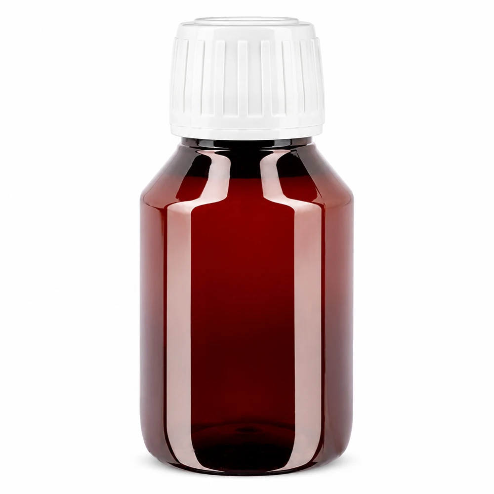 PET láhev 50ml se standardním bílým uzávěrem s ochranou proti manipulaci. Hnědá PET láhev o objemu 50 ml s bílým bezpečnostním uzávěrem pro tekutiny