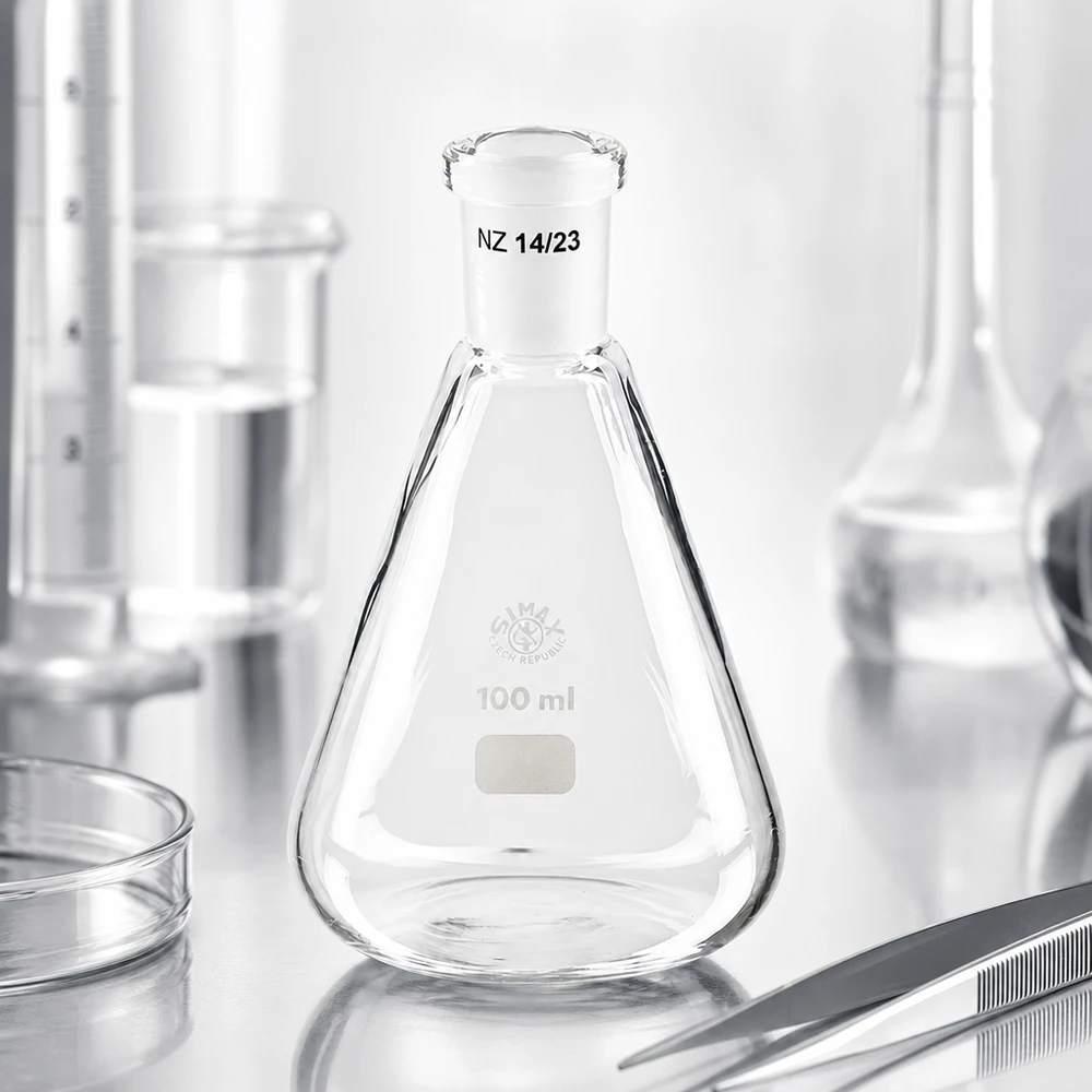 Erlenmeyerova baňka 100 ml se standardním broušeným spojem (14/23) Erlenmeyerova baňka 100 ml se standardním broušeným spojem (14/23)