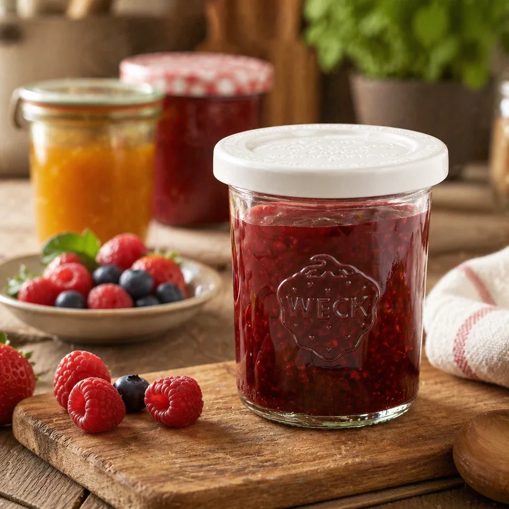 WECK Sturzglas 160ml RR60 mit roter Beerenmarmelade gefüllt auf Holzbrett neben frischen Himbeeren und Blaubeeren